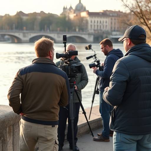 Photo du making-of du film 'Le Secret du Rhône', montrant l'équipe de tournage sur les berges du Rhône à Lyon.